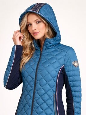 Alp N Rock Hooded Down Puffer Jacket Quilted Embroidered Alpine Trim Blue Size 4